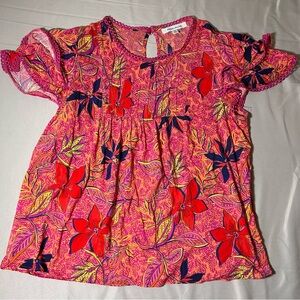 Rose + Olive Floral Blouse Womens Medium Short Sleeve Keyhole Pink Boho Top